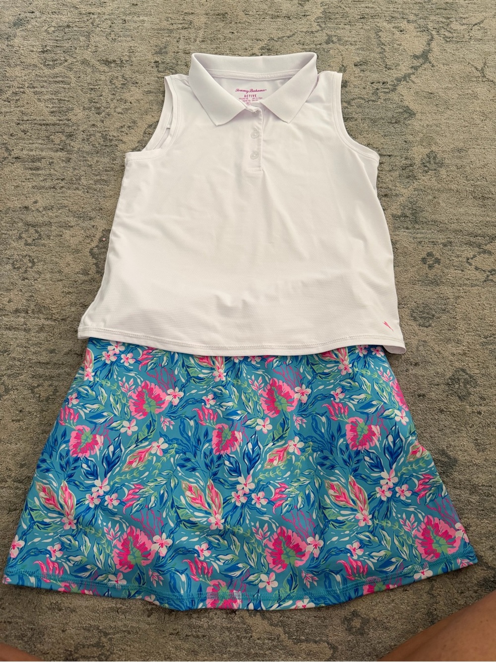 Tommy Bahama Blue Floral Girls' Skort with Pink Accents & white polo top